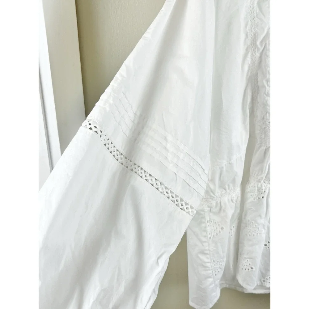 Flag & Anthem Long Sleeve Button Front Eyelet Crochet Lace Pintuck Top White XL - Picture 3 of 9